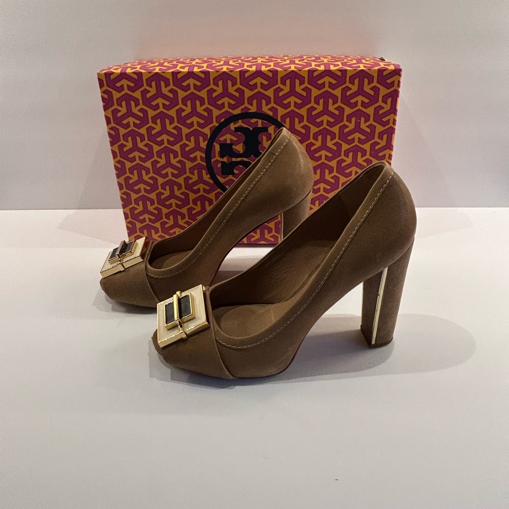 Tory Burch Brown Heels With Gold Accent